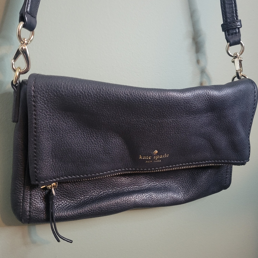 Kate Spade Women's Handbag Purse Black Leather Foldover Crossbody Chain Detail